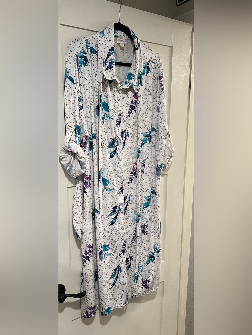 Lularoe Ellie 3X White Floral Button-Front Dress w/Teal & Purple Print